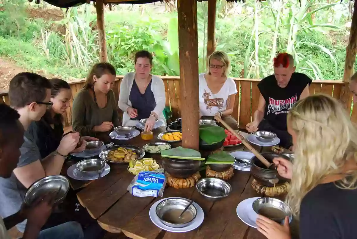 A group of travelers engaging in cultural immersion and local experiences.