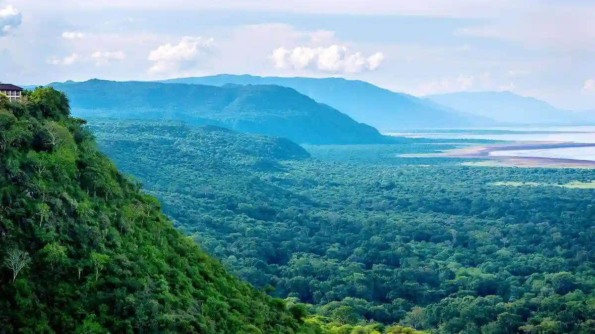 Breathtaking view of Lake Manyara National Park's spectacular landscapes, including the shimmering lake and lush forests